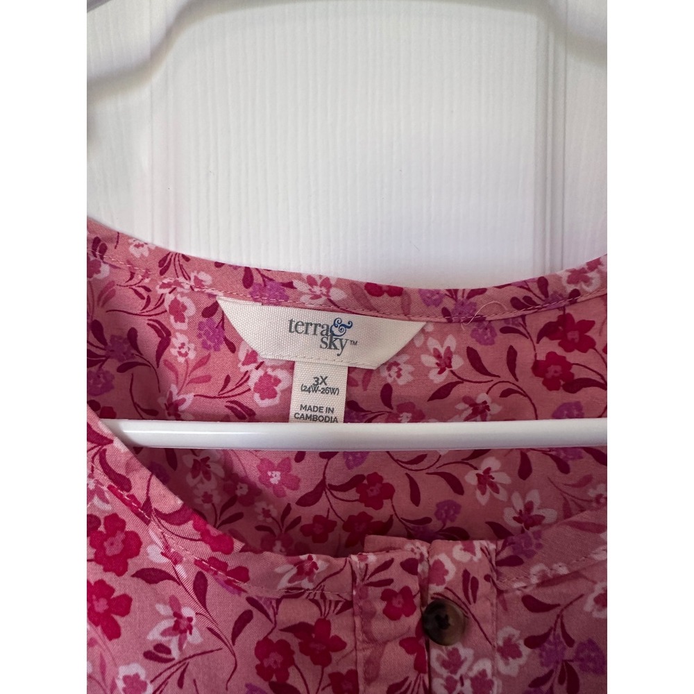 Terra & Sky Pink Floral Cotton Button Front Midi Dress Plus 3X 24W-26W Pockets - Picture 2 of 8